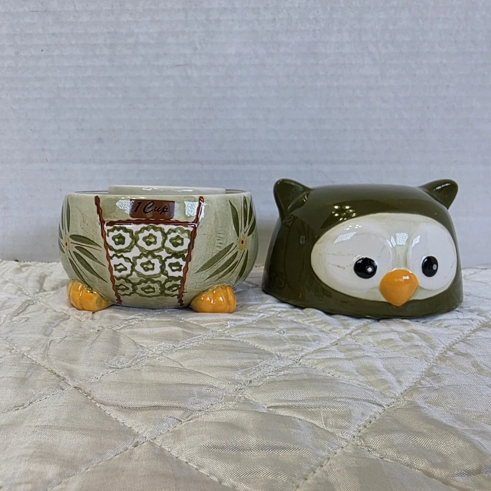 Set Of 4 Vintage Temptations Old World Green Nesting Owl Measuring Cups